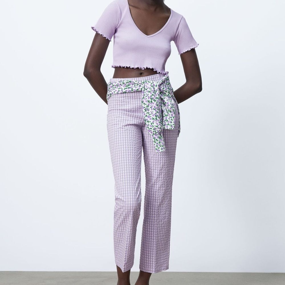 Zara Lilac Straight Gingham Print Cropped Trousers Size Large